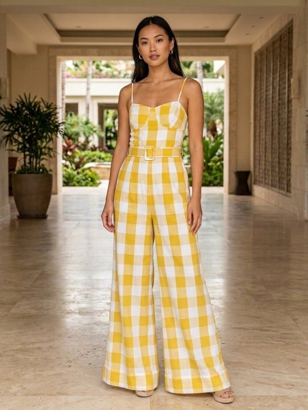 Wide Leg Checkered Jumpsuit With Matching Belt